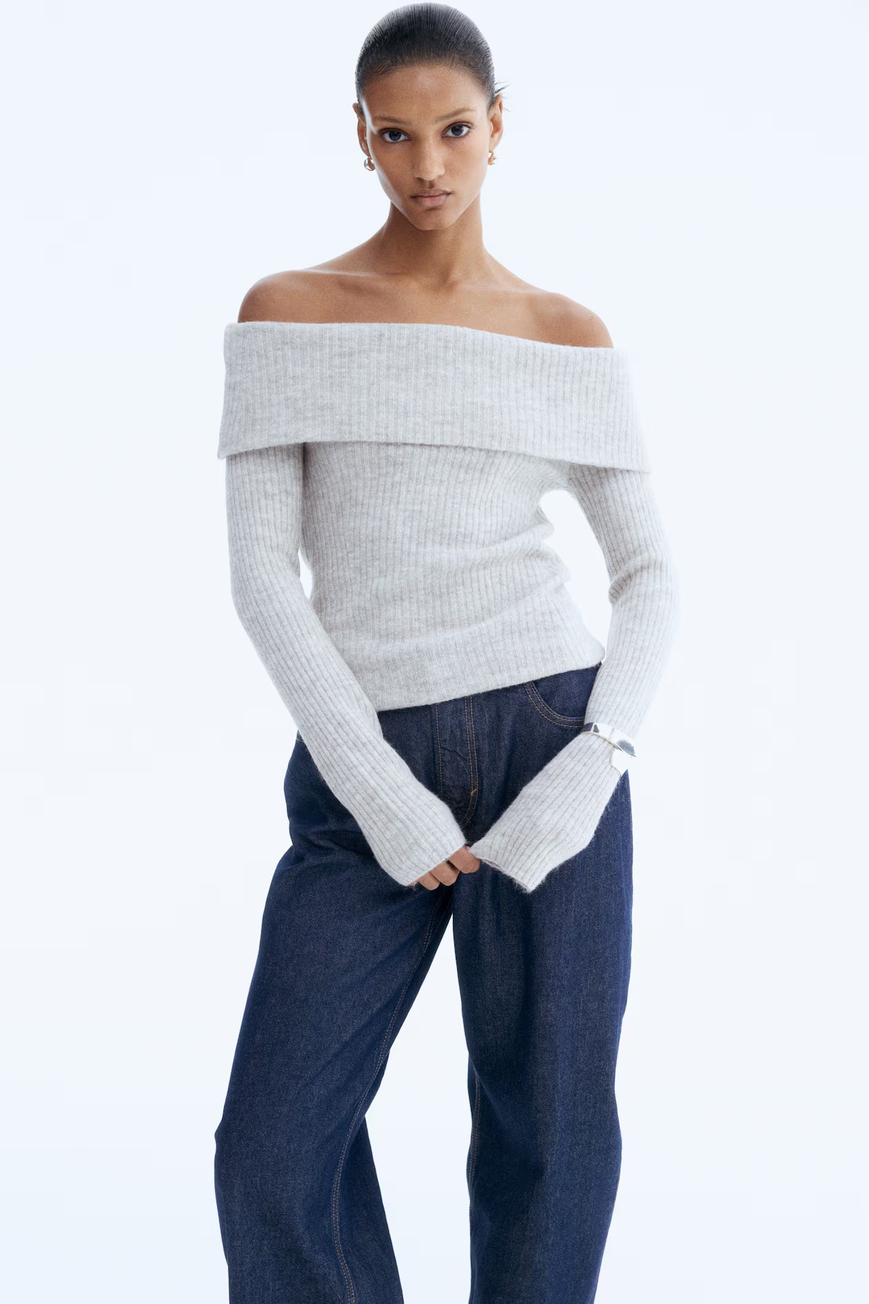 Rib-knitted off-the-shoulder top
