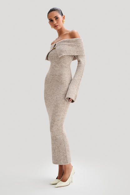 Off Shoulder Fluffy Knit Midi - Jurk