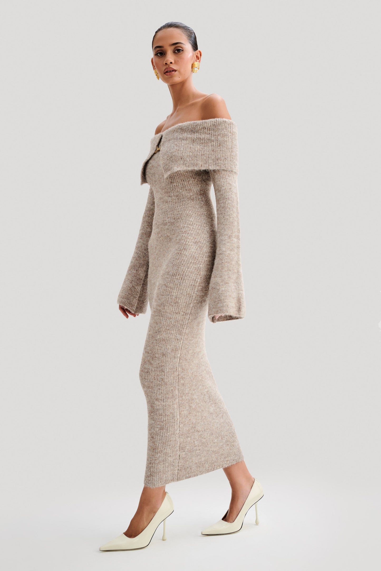 Off Shoulder Fluffy Knit Midi - Jurk