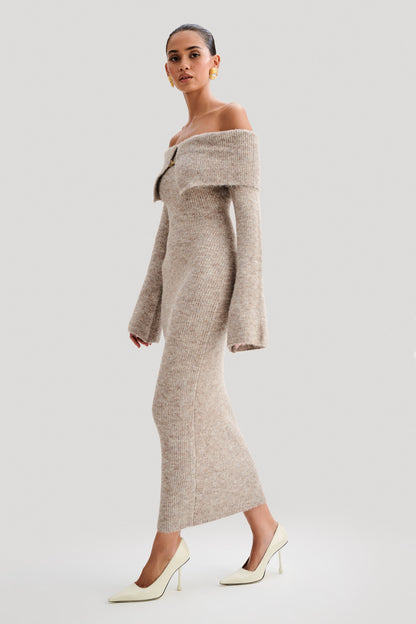Off Shoulder Fluffy Knit Midi - Jurk