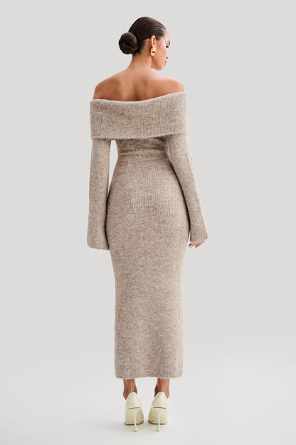 Off Shoulder Fluffy Knit Midi - Jurk