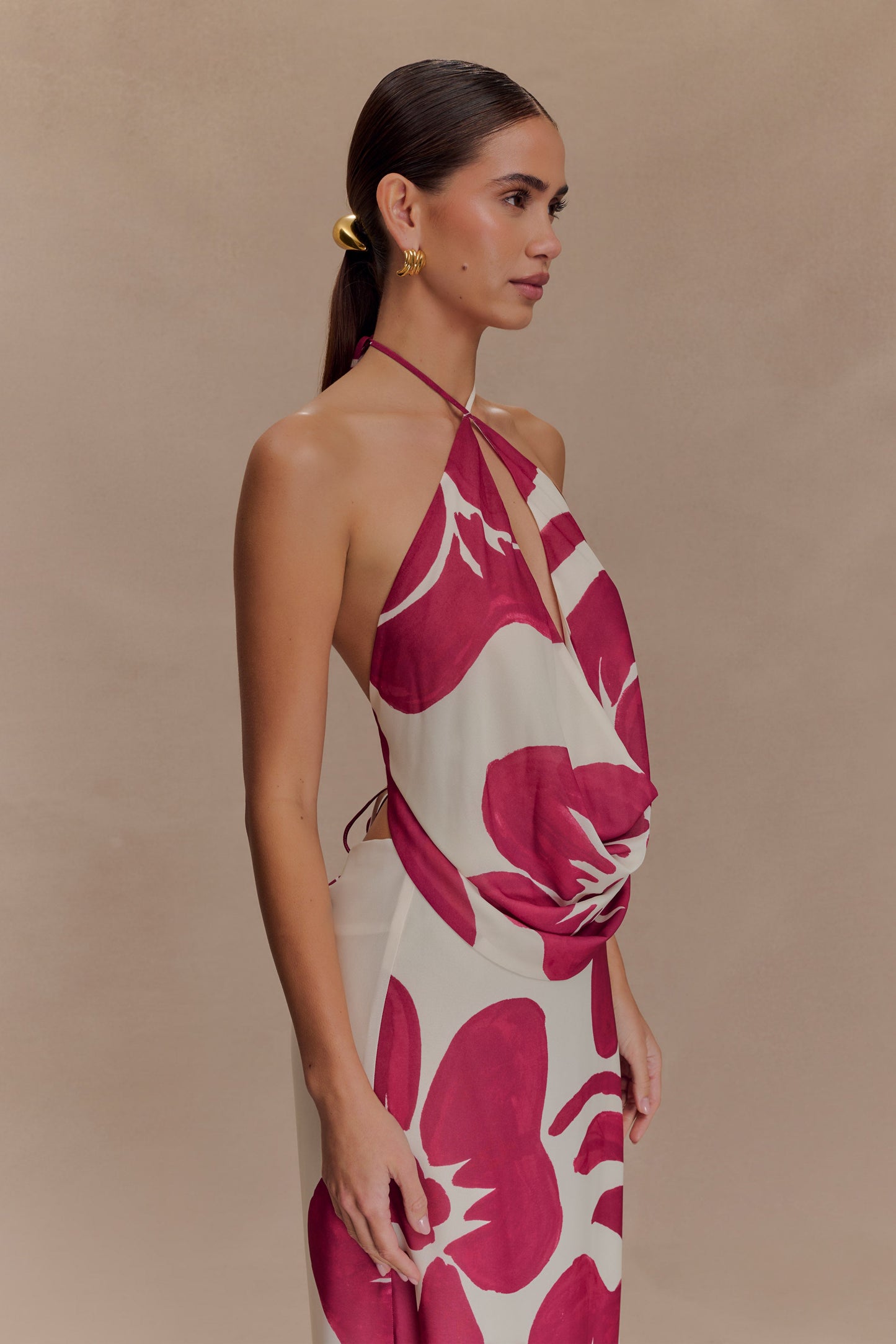 Katalina Chiffon Cowl Halter Top - Red Deco Fleur Print