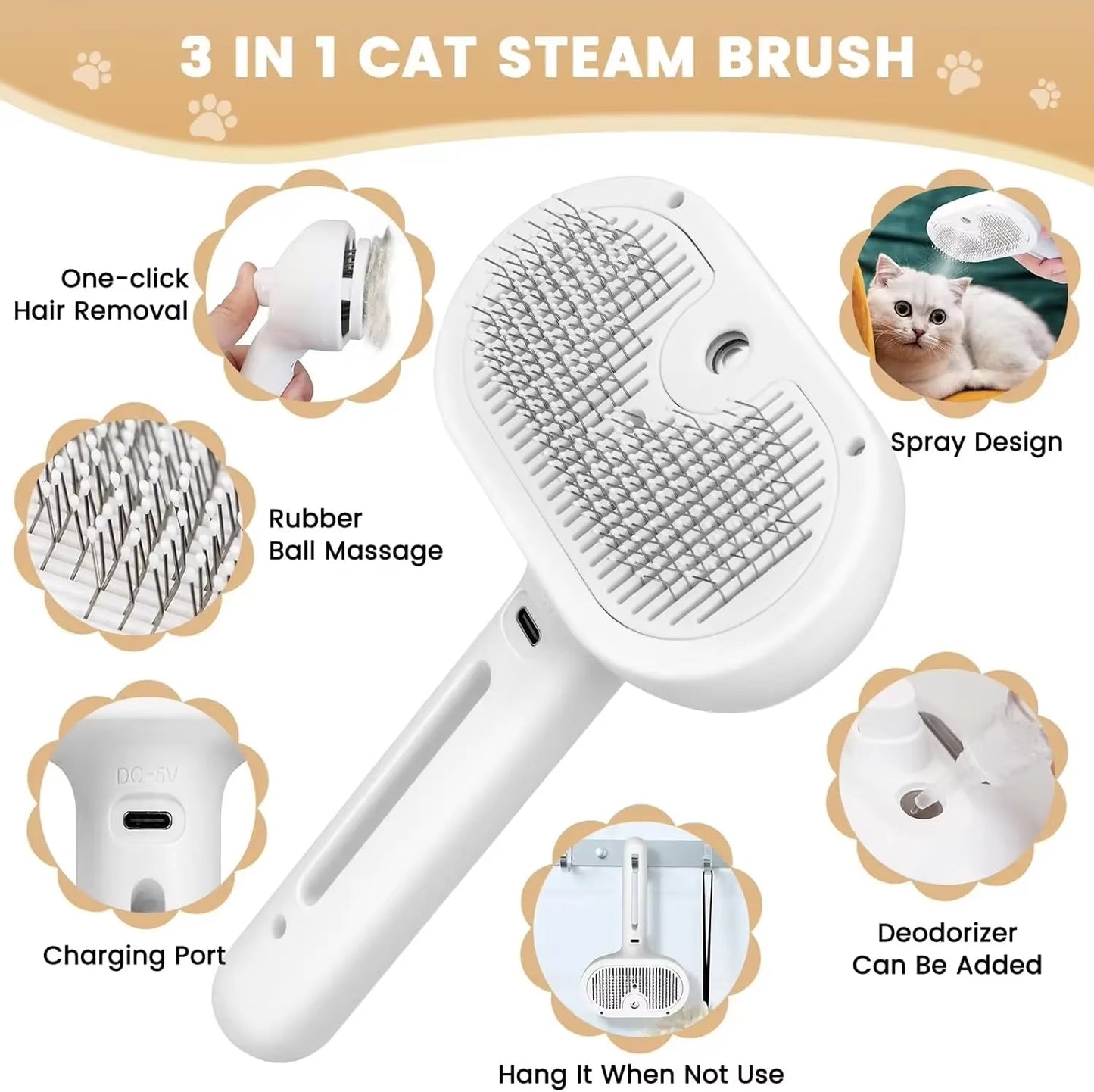 Absolute 3 in 1 Electric Spray Dog & Cat Hair Brush for Massage/Pet Grooming/Hair Removal