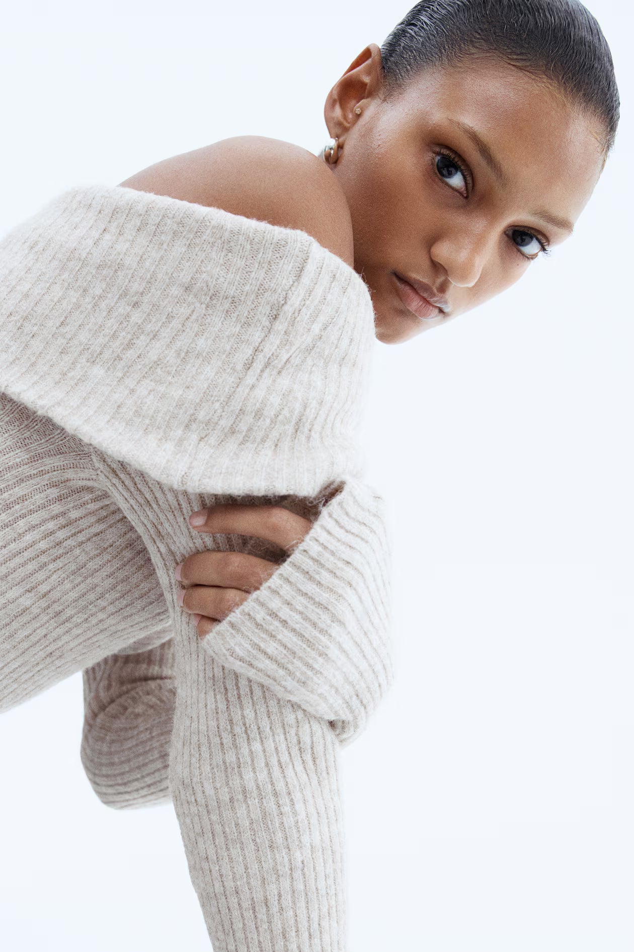 Rib-knitted off-the-shoulder top