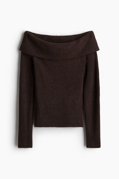 Rib-knitted off-the-shoulder top