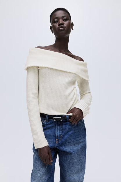 Rib-knitted off-the-shoulder top